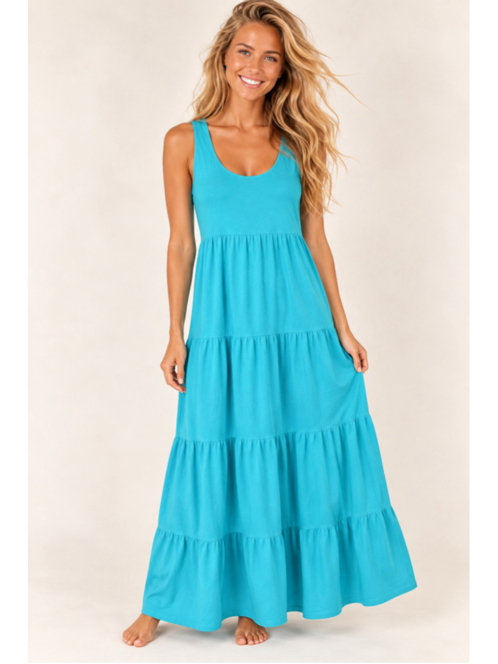 Crown & Ivy Cotton Maxi Dress Tiered Sleeveless Coastal Cottagecore Quiet Luxury